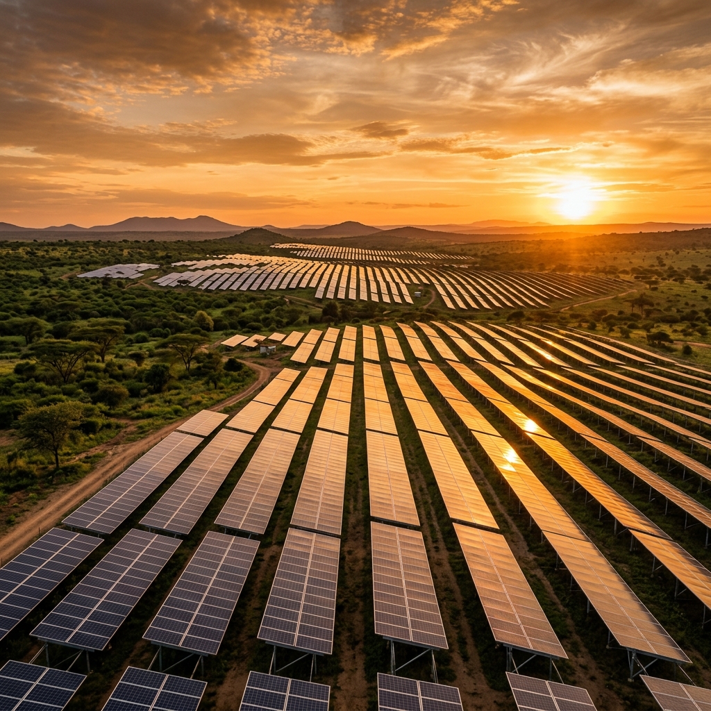 Solar farm at sunset